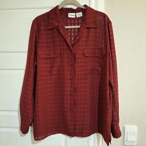 Liz Baker Burgundy Semi-Sheer Blouse Women 16 Long Sleeve Button Up Professional